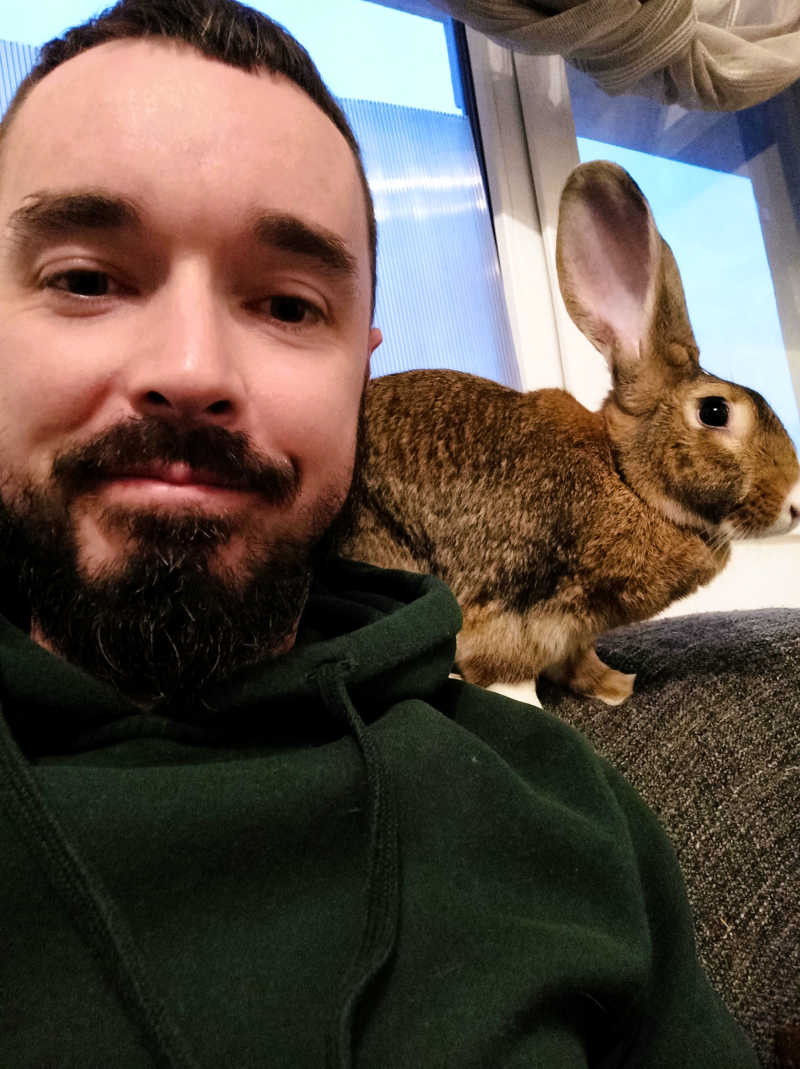 Photo of Odhrán and rabbit Sadie